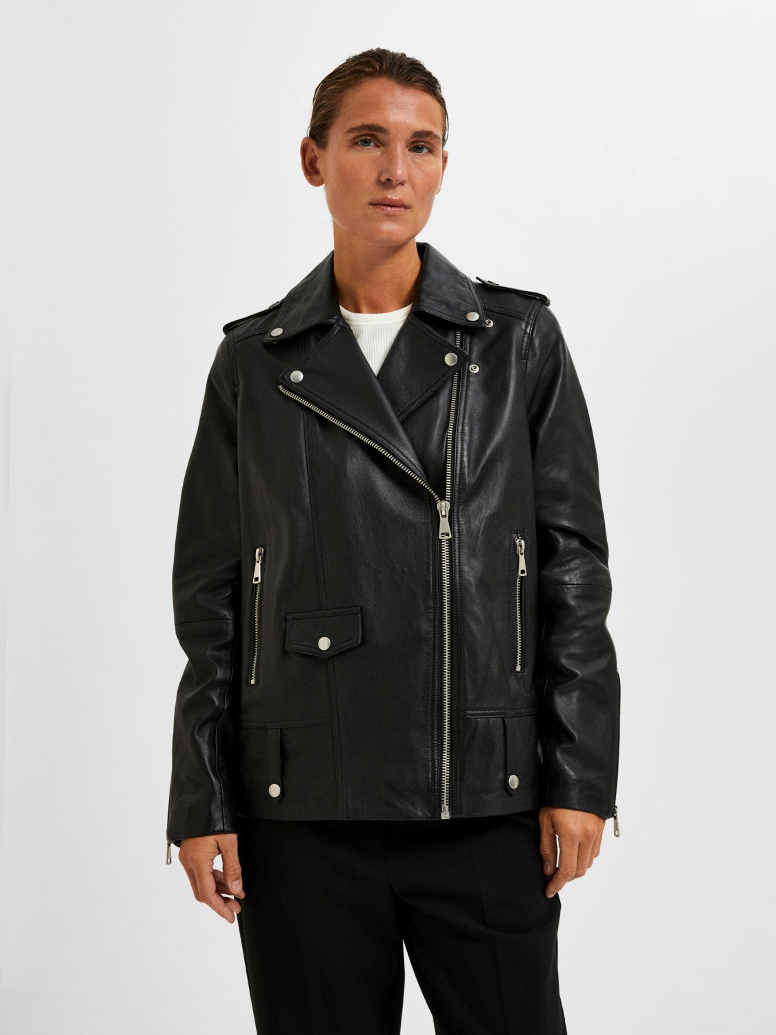 Black leather biker jacket for women