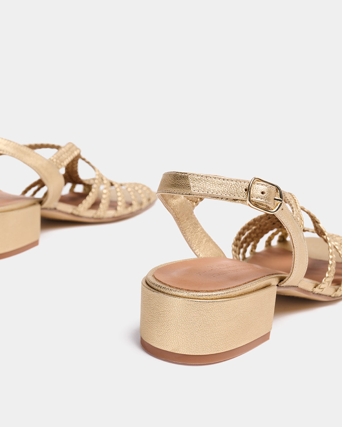 Golden braided leather heeled sandal