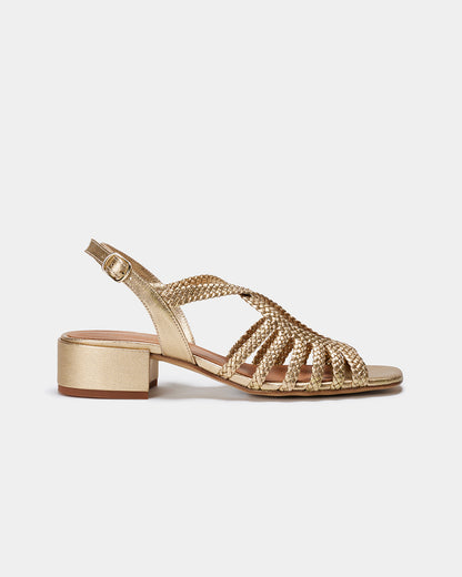 Golden braided leather heeled sandal